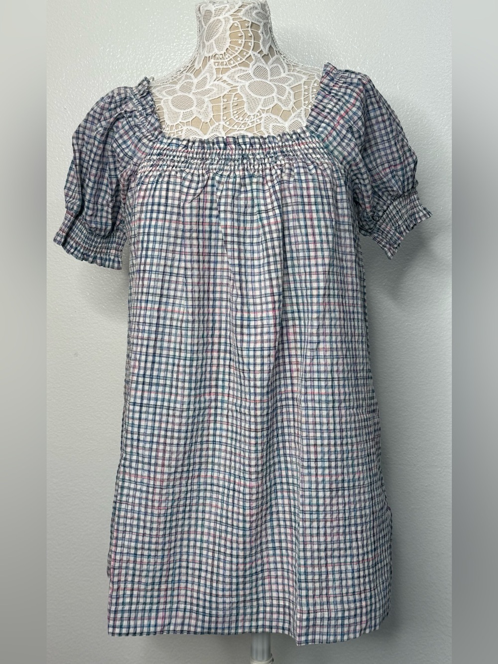 NWT Smocked Square Neck Plaid Peasant Dress - Blue & Pink